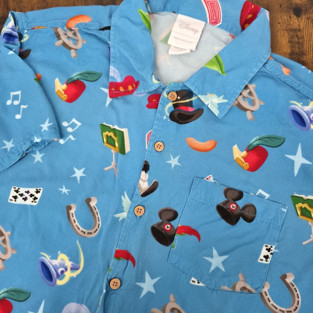 Disney 100‎ Our Universe Men's Short Sleeve Rayon Button Up Blue Mickey Size M